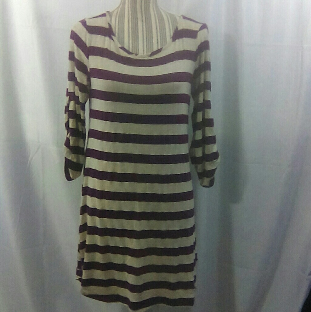 Charming Charlie Maroon & Off-White Striped Dress Size Large Tab sleeves